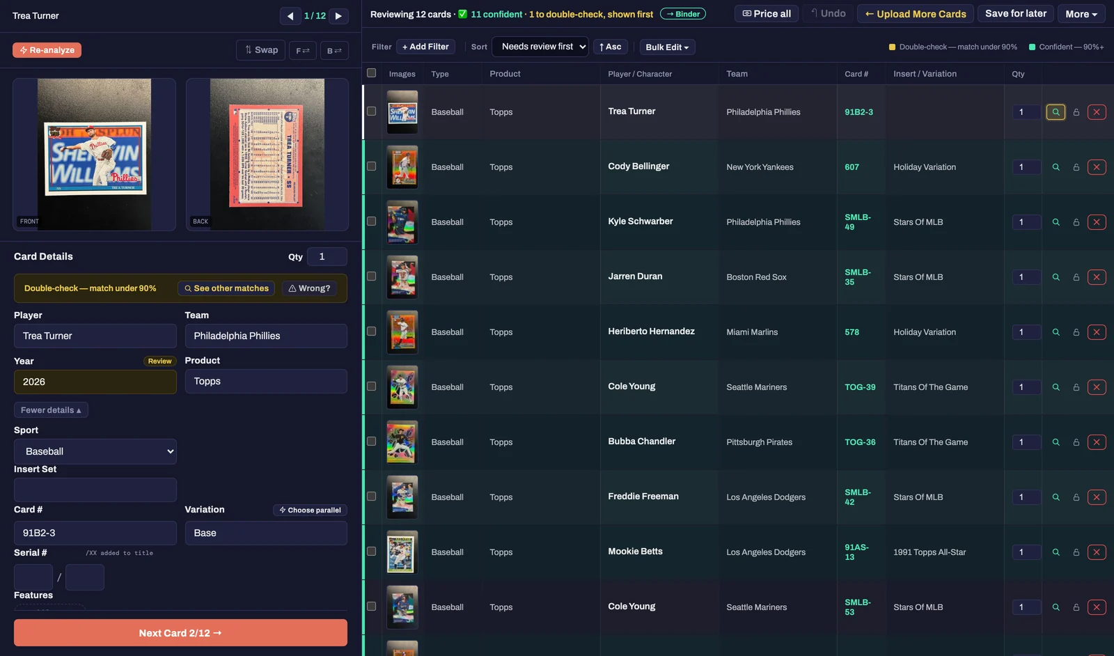 Reviewing 12 scanned cards: the open card's front and back photos and editable details on the left, every card in the batch with its player, team, card number and variation on the right